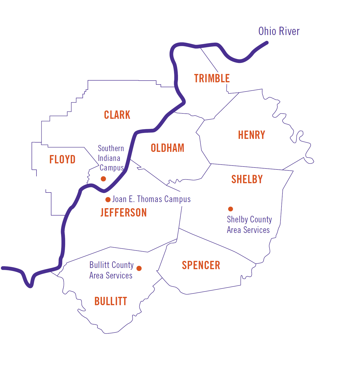 Service map of the 9 counties that The Center serves in Southern Indiana and Kentucky. 